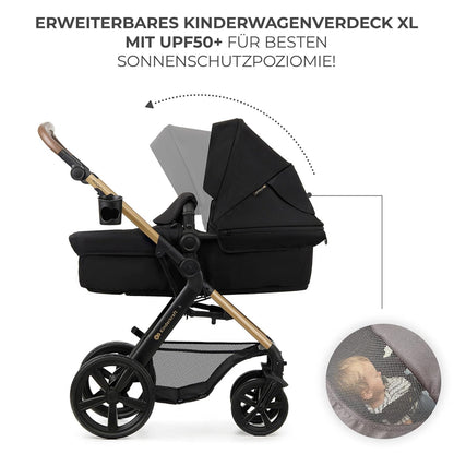 Kinderkraft MOOV2 AIR Kinderwagen 3 in 1 Kinderwagenset bis 26 kg mit Kindersitz I-SIZE 40-75 cm, Buggy Funktion, Liegeposition verstellbar, Große ausziehbare Verdeck, Aufblasbare Räder, Schwarz