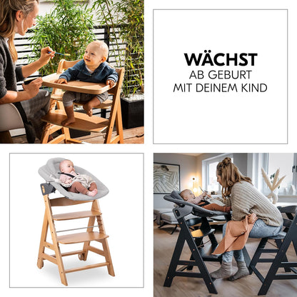 hauck Hochstuhl Beta+ Newborn Set Premium Dark Grey - Babyhochstuhl Set ab Geburt mit Neugeborenen Aufsatz Bouncer, Sitzpolster und Essbrett - Dark Grey