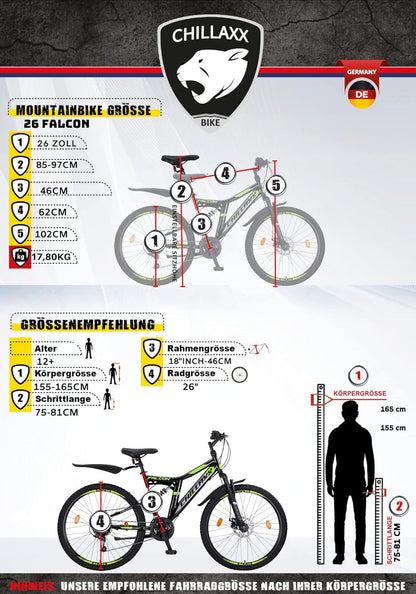 Chillaxx Bike Falcon Premium Mountainbike in 24,26,27.5 und 29 Zoll - Fahrrad für Jungen, Mädchen, Damen und Herren - Scheibenbremse- 21 Gang-Schaltung - Vollfederung
