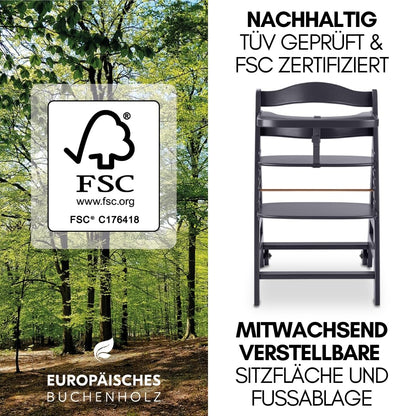 hauck Hochstuhl Beta+ Newborn Set Premium Dark Grey - Babyhochstuhl Set ab Geburt mit Neugeborenen Aufsatz Bouncer, Sitzpolster und Essbrett - Dark Grey