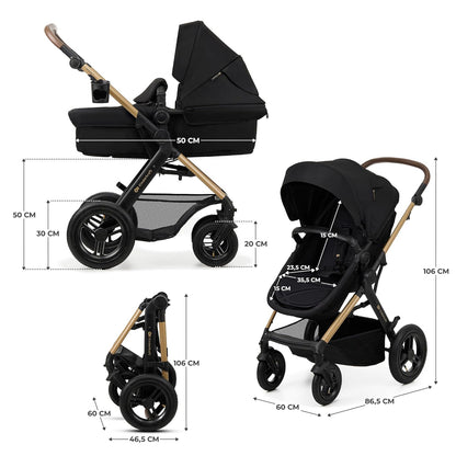 Kinderkraft MOOV2 AIR Kinderwagen 3 in 1 Kinderwagenset bis 26 kg mit Kindersitz I-SIZE 40-75 cm, Buggy Funktion, Liegeposition verstellbar, Große ausziehbare Verdeck, Aufblasbare Räder, Schwarz