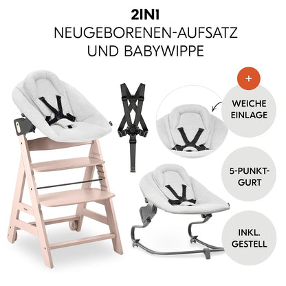 hauck Hochstuhl Beta+ Newborn Set Premium Dark Grey - Babyhochstuhl Set ab Geburt mit Neugeborenen Aufsatz Bouncer, Sitzpolster und Essbrett - Dark Grey