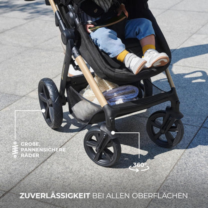 Kinderkraft MOOV2 AIR Kinderwagen 3 in 1 Kinderwagenset bis 26 kg mit Kindersitz I-SIZE 40-75 cm, Buggy Funktion, Liegeposition verstellbar, Große ausziehbare Verdeck, Aufblasbare Räder, Schwarz
